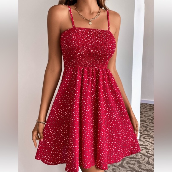 Boho Polka Dot Smocked Waist Cami Top Dress Red - Picture 5 of 15